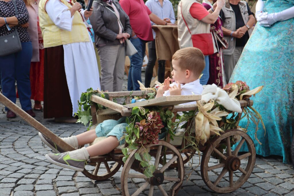 Ein Kind in einem Wagen mit Blumen auf Pflastersteinen.