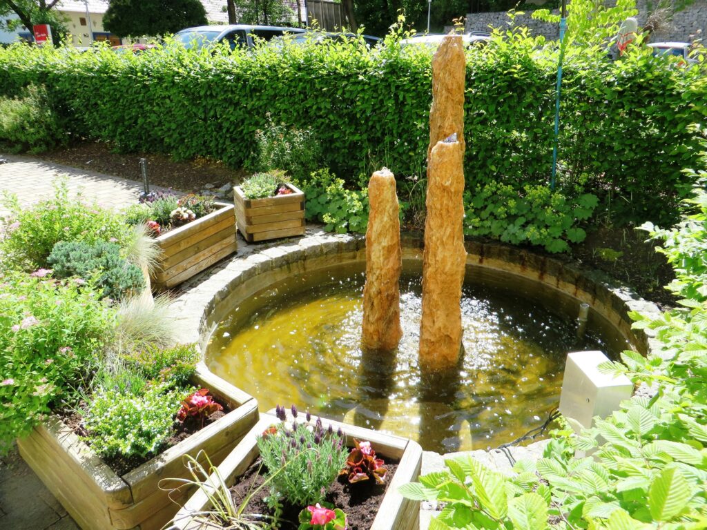 Garten mit Wasserbecken und Pflanzen am Seniorenheim.
