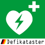 Defikataster: Herz mit Blitz und Pluszeichen auf grünem Hintergrund.