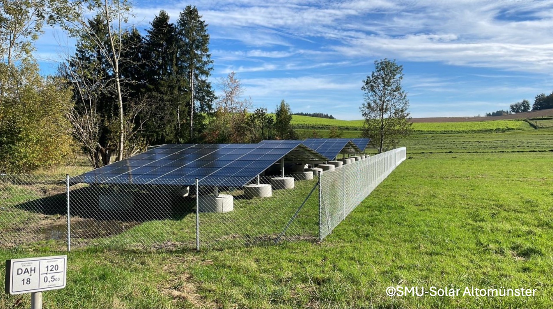 Solaranlage in Wollomoos, mit Photovoltaikmodulen auf einer grünen Fläche.