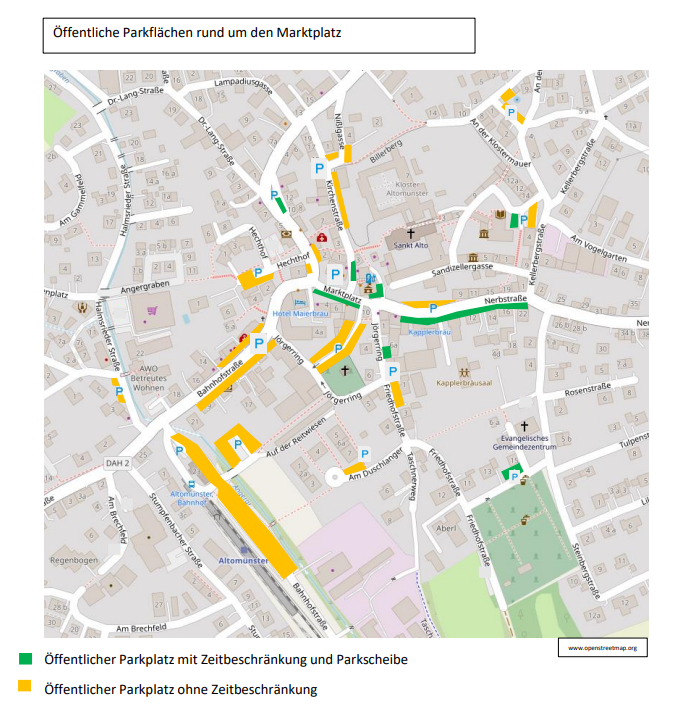 Öffentliche Parkplätze rund um den Marktplatz – mit und ohne Zeitbeschränkung.