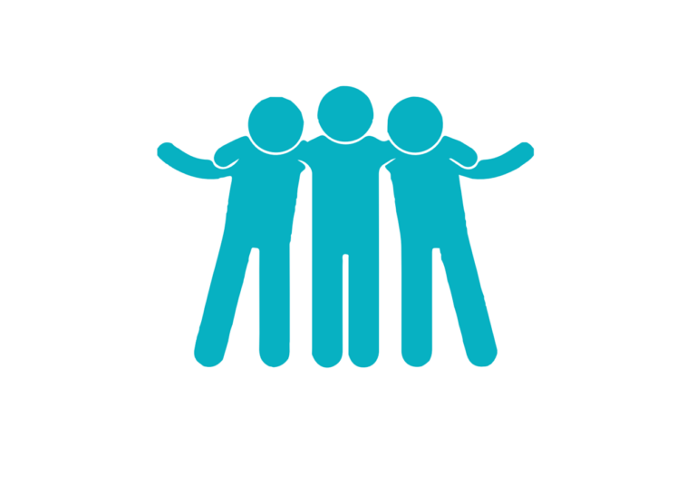 Drei stilisierte Figuren mit verschränkten Armen, die Zusammenhalt und Gemeinschaft symbolisieren.