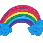 Bunte Regenbogenbrücke mit zwei blauen Wolken.