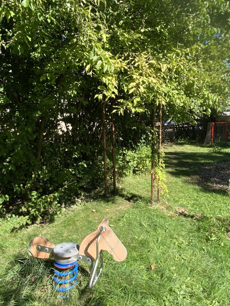 Grüner Garten mit Spielplatz und Laubwegen.