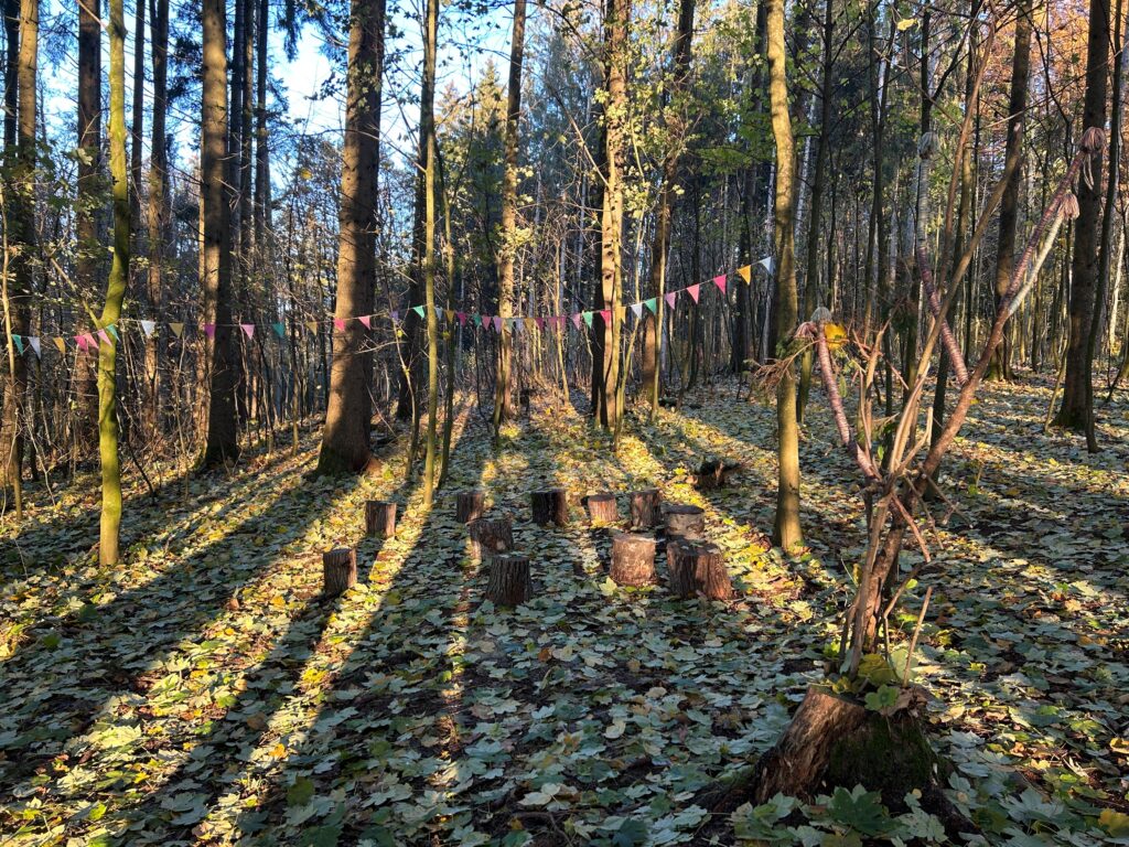 Bunte Girlande im Wald mit Stützen und Sonnenstrahlen auf dem Laubgelände.