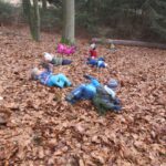 Ein Kinderspielplatz im Wald mit Laub.