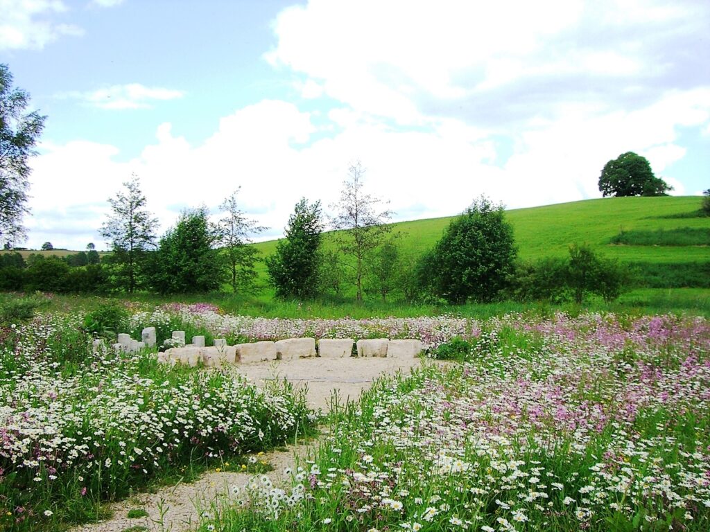 Wiese mit blühenden Blumen, Gras und Steinkreuz im Hintergrund.