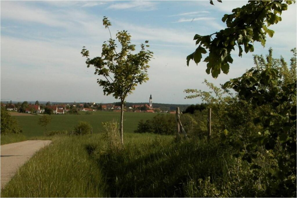 Landschaft mit Dorf und Kirchturm am Horizont.