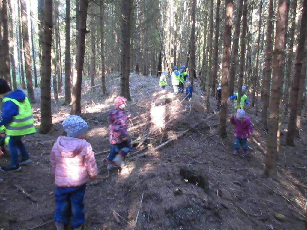 Gruppe von Kindern im Wald, teilweise in leuchtenden Westen.
