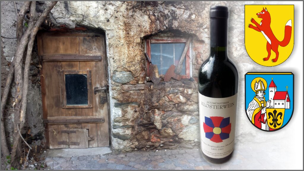 Wine from Altomünster, region of Germany, with traditional stone wall and wooden door.