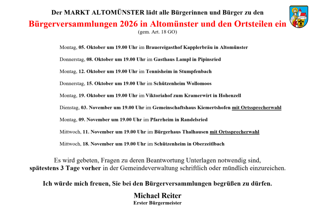 Termine der Bürgerversammlungen 2026